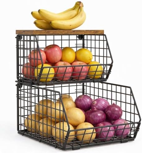Potato and Onion Storage Bin with Wooden Top, 2-Tier Stackable Wire Basket