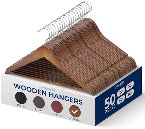 SereneLife 50-Pack Wooden Coat Hangers – Durable Suit Hangers with 360° Swivel Hook & Notches – Slim Design for Shirts, Jackets, Dresses, and More (Vintage)