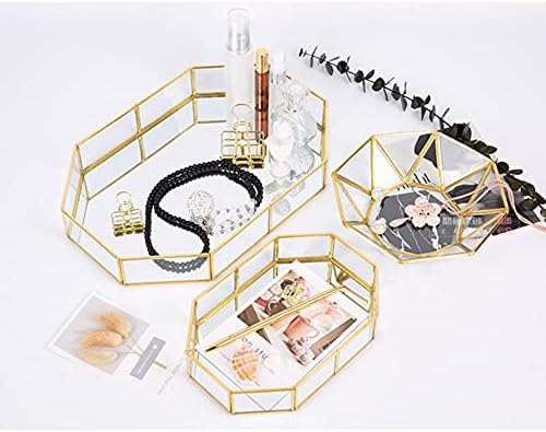 Octagonal Disc Vintage Gold Mirror Glass Vanity Tray,Ornate Geometric and Brass Plated Display Storage Organizer for Mak