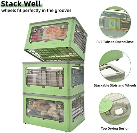 32Qt Plastic Storage Bins with Lid, Collapsible Storage Bins with Wheels, Storage Boxes with 4 Doors, Stackable Storage 