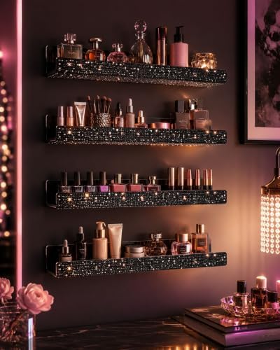 4 Pack Nail Polish Wall Rack, 15 IN Black Rhinestone Acrylic Organizer