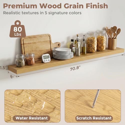 8 inch Deep Floating Shelves for Wall, 72" Wide, Oak Finish, 2-Pack