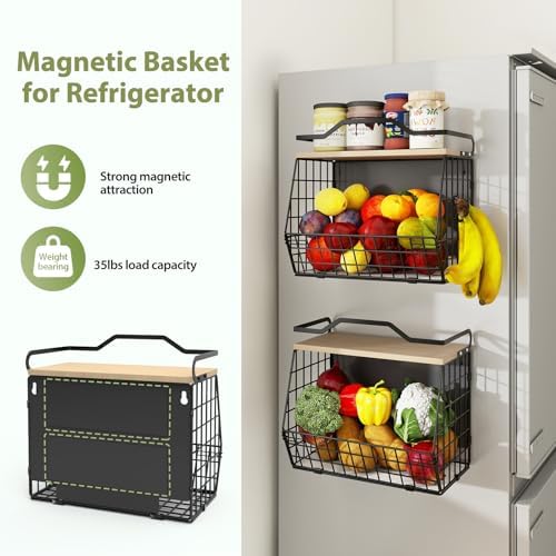 Wawocs Magnetic Shelf for Fridge with Wood Lid, 2 Tier Fruit Baskets Wall Mounted Hanging Basket with 4 Hanger Hooks, Po