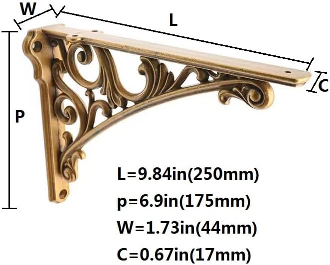 Decorative Shelf Bracket 10 inch, Antique Brass Shelf Brackets for Shelving, Heavy Duty Vintage, DIY Projects, Hardware 