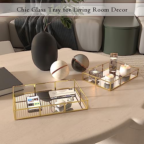 Perfume Tray Vanity Tray with Metal Frame, Gold Tray for Bathroom, Jewelry or Home Decoration 2 Pcs (L+S)