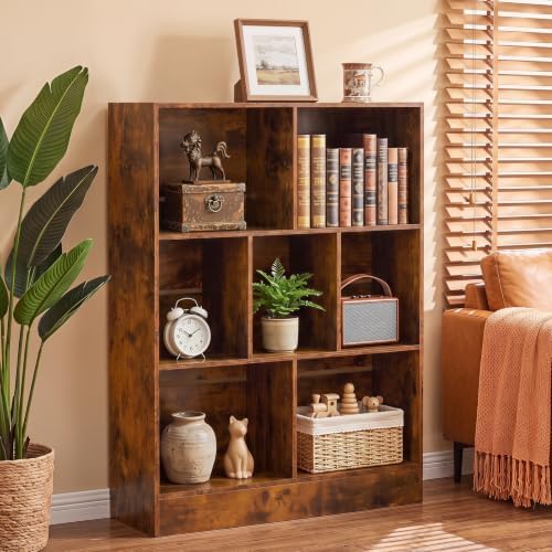 YAHARBO 3 Tier 7 Cube Mini Thin Bookshelf, Short Shallow Bookcase, Brown