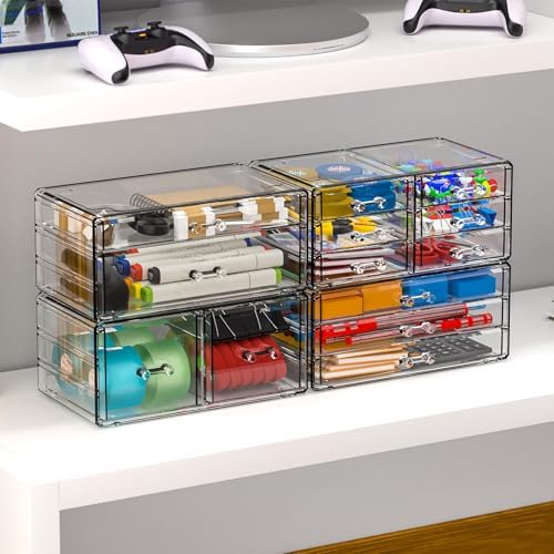 Cq acrylic 4 Pack Clear Acrylic Drawer Organizer Countertop,Stackable 13 Drawers Makeup Storage, Cube Make up Organizer 