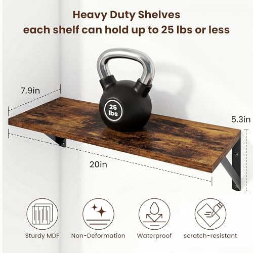 Axeman 20 Inch Floating Shelves, 8 Inch Deep Brown Wall Shelves Set of 2