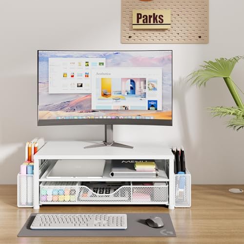 OPNICE Desk Organizer and Accessories, 2-Tier Computer Monitor Stand Riser with Drawer and 2 Pen Holders, Laptop Stand, 