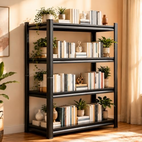 4-Tier Metal Bookshelf, 45.5" W Industrial Tall Display Bookcase, 1200LBS Modern Black Book Shelf, Adjustable Bolt-Free 