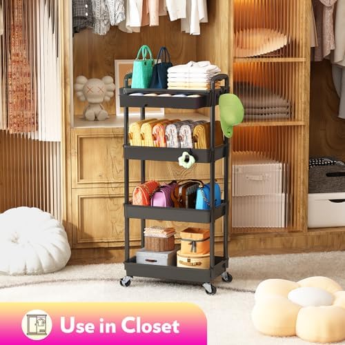 SUNALLY Makeup Cart Organizer with Drawer,4 Tier Rolling Makeup Cart, Black