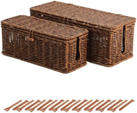 BROWNLILY Cable Management Box, Rattan Style Cord Organizer for Desk Cord Hider Outlet Covers for Power Strip Router Cha