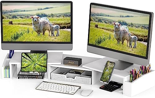 Simple Houseware Desk Dual Monitor Stand Riser with Drawer, White