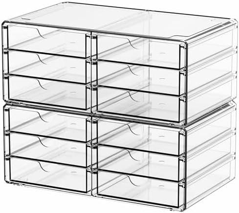 Yieach 2 Pack Acrylic Storage Drawers With 12 Small Drawer,Stackable Office Cabinet Organizer and Makeup Organizer,Clear