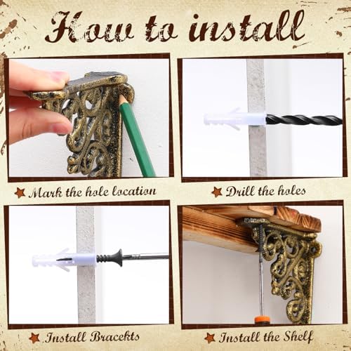 Blulu 8 Pcs Decorative Cast Iron Shelf Bracket L Vintage Bracket, Brass