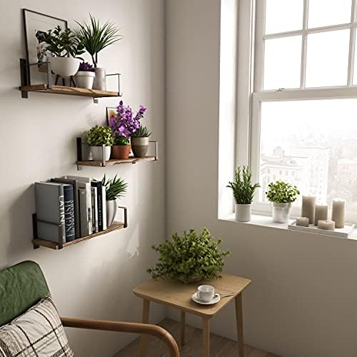 Wallniture Toledo Floating Shelves for Living Room Decor, Floating Bookshelf Set of 3, Burned Finish Rustic Wood Wall Sh