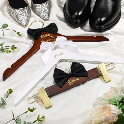 Beeveer 3 Pcs Groom and Bride Wooden Hanger with Clips, Bow, Brown, White