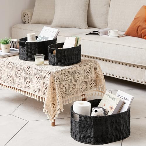 Vagusicc Wicker Basket, Set of 3 Round Storage Baskets for Organizing, Woven Paper Rope Wicker Storage Basket with Handl