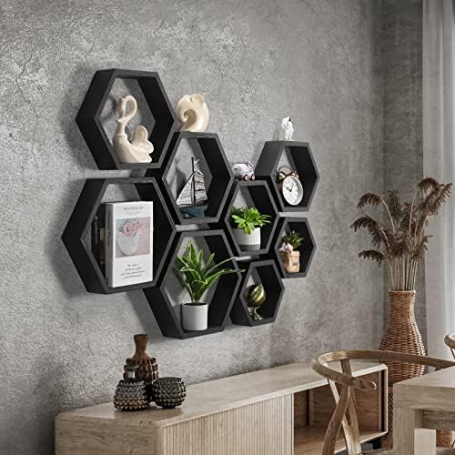 CADUKE Hexagon Floating Shelves Set of 8, Black