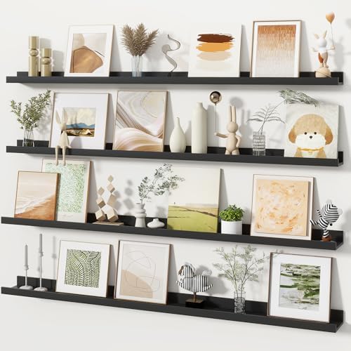 Fun Memories Picture Ledge Shelves Set of 4, 48 Inch Rustic Wall Mounted Floating Shelves with Lip for Home Storage and 