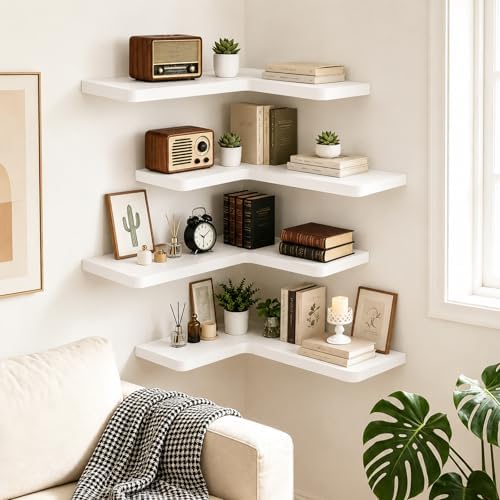 Solid Wood Corner Floating Shelves, L-Shaped, White, Set of 4