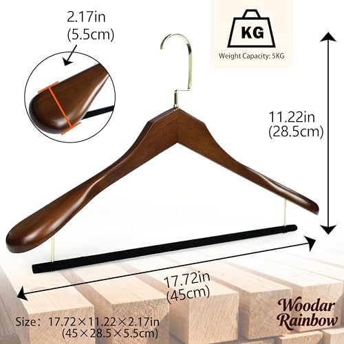 Luxury Wide Shoulder Wooden Suit Hangers, Flocking Pants Bar, Classisc Solid Wood Jacket Clothes Hangers Smooth Finish for Sweater Dress Pants Sport Coats (Dark Brown, 3 Pack)