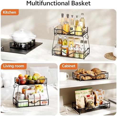 2 Tier Fruit Basket for Kitchen Countertop with Banana Hangers,Detachable Metal Fruit Bowl with Wooden Handles and Prote