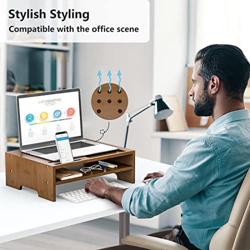Monitor Stand Riser with Storage Organizer Desktop with Cooling Holes Bamboo Laptop Riser Shelf for Office and Home Use 