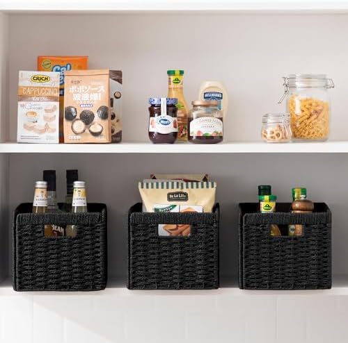 joybest Black Wicker Baskets for Shelves, Hand-woven Storage Baskets