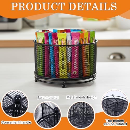 Drink Packet Organizer, 4-Compartment Metal Lazy Susan Turntable for Powdered Drink Mix and Water Flavor Packets, Black