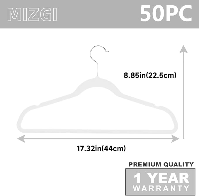 MIZGI Premium Velvet Hangers (50 Pack) - Heavyduty Non Slip Felt Suit Hangers - White Chrome Hooks, Space Saving