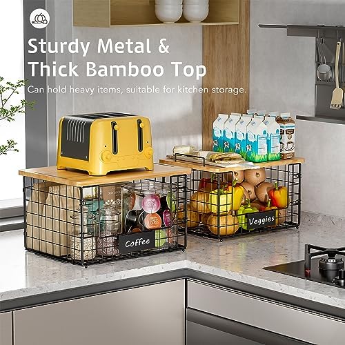 2 Pack Stackable Wire Baskets with Bamboo Top,Pantry Organizers Counter