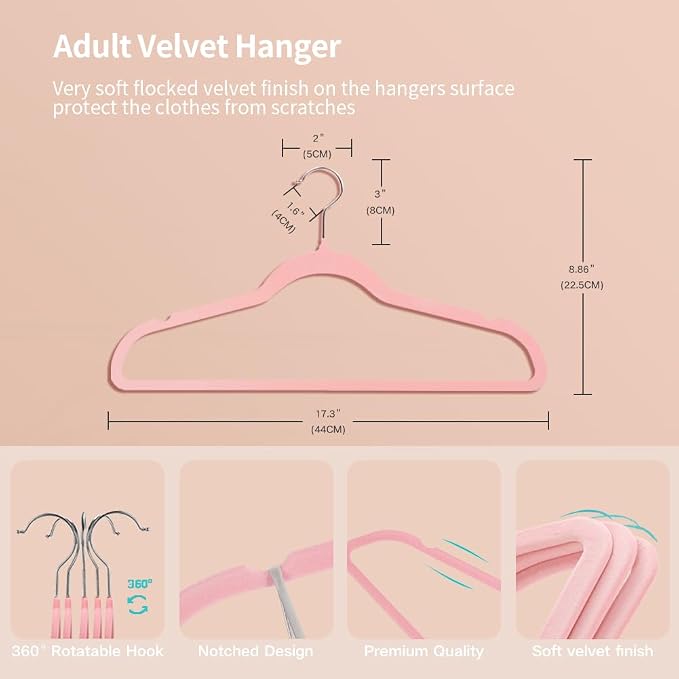 Stormix Adult Velvet Hangers Non-Slip Shoulder Notches, 17.3'' 52 Pack Pink