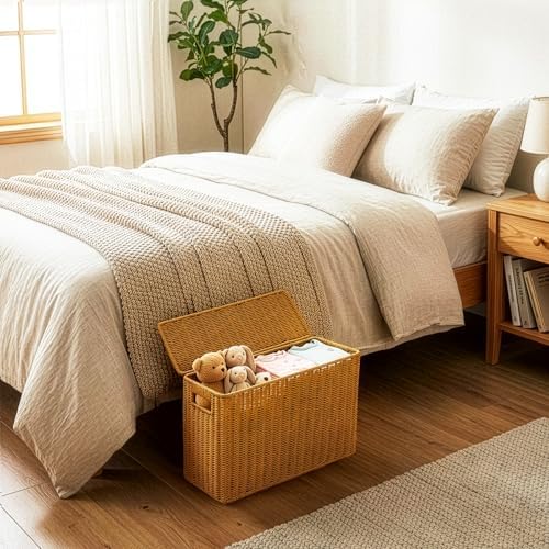 Pumtus Woven Storage Basket with Lid, 3 Gallon Decorative Plastic Organizer Box with Handle, Rectangle Narrow Tall Trash