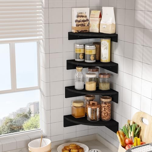 Alsonerbay Wood Corner Floating Shelves Wall Mount 4-Pack, Black