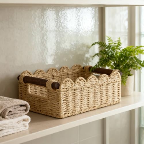 Cute Scalloped Storage Basket, Wicker Basket with Handles(Set of 2)