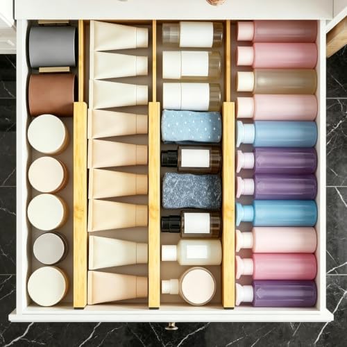 4 PCS Expandable Wooden Drawer Dividers, 2.6 in High Adjustable Wood Drawer Organizers, 12.5 to 17.5 in Spring Loaded Se