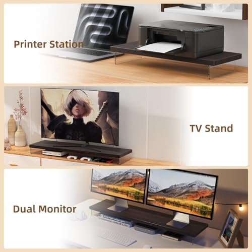 Dual Monitor Stand Riser, 40" Large Computer Monitor Stands for 2 Monitors, Wooden Desktop Organizer Shelf for Office De