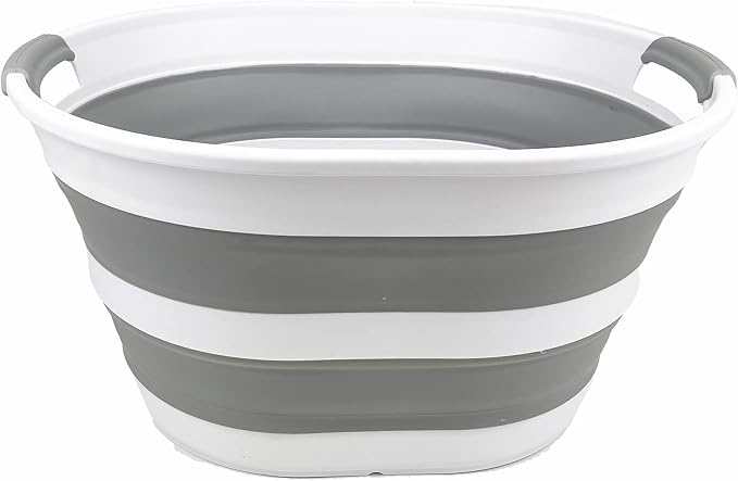 SAMMART Collapsible Plastic Oval Laundry Basket 23L (6 Gallons) -Foldable Storage Container/Organizer - Portable Washing Tub - Space Saving Hamper for Laundry, Camping & Home (White/Grey)