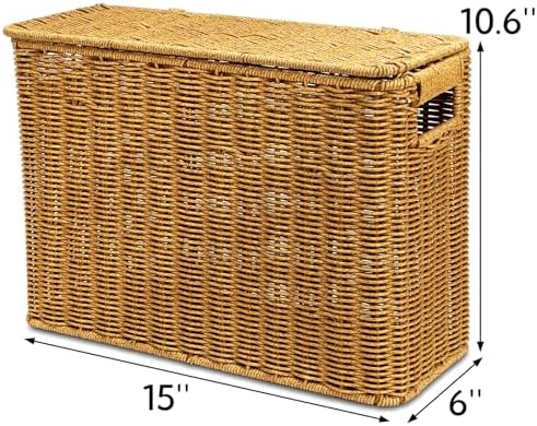 Pumtus Woven Storage Basket with Lid, 3 Gallon Decorative Plastic Organizer Box with Handle, Rectangle Narrow Tall Trash