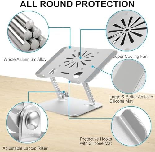 Adjustable Laptop Stand with Cooling Fan, Aluminium Alloy Multi-Angle Computer Holder for Desk, Portable Notebook Metal 
