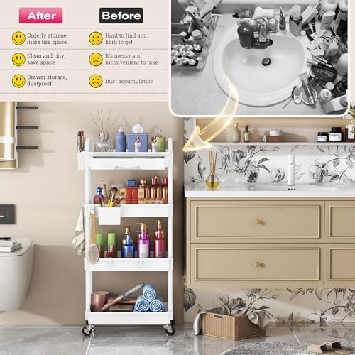 Goovilla Rolling Makeup Organizer Cart with Removable Drawer, 4 Tier White