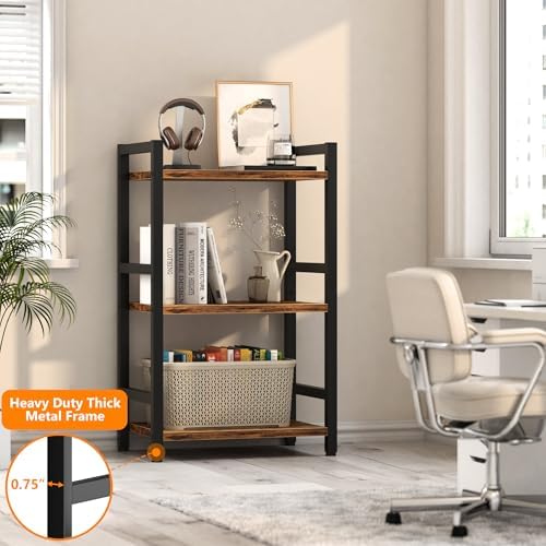 Book Shelf, 3 Tier Bookcase with Steel Frame, Stable Bookshelf Narrow Book Shelves Storage Organizer for Book CD Movie, 