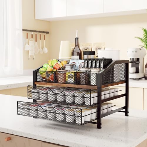 Homsorout Coffee Bar Organizer, Metal & Wood Coffee Station Holds 84 K Cup
