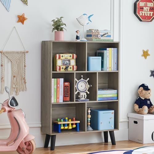 LEYAOYAO Cube Bookshelf, Mid-Century Modern Book Shelf with Legs,Retro Grey