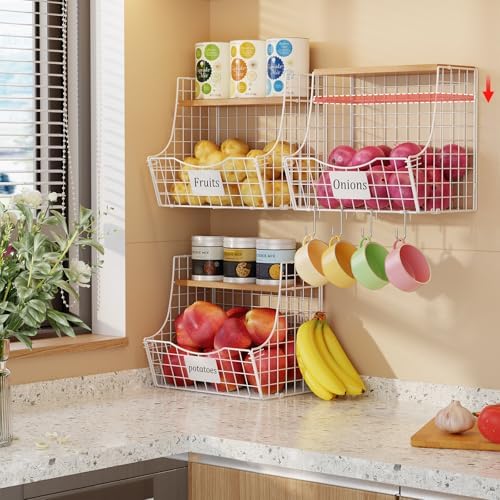 3 Pack Hanging Fruit Basket for Kitchen with Wood Lid - Onion and Potato Storage Fruit Bowl with Nameplate for Counter&W