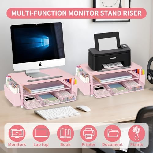 AUPSEN Pink Desk Organizers and Accessories, 2-Tier Wood Computer Monitor Stand with Drawer, Pen Storage & Phone Holder,