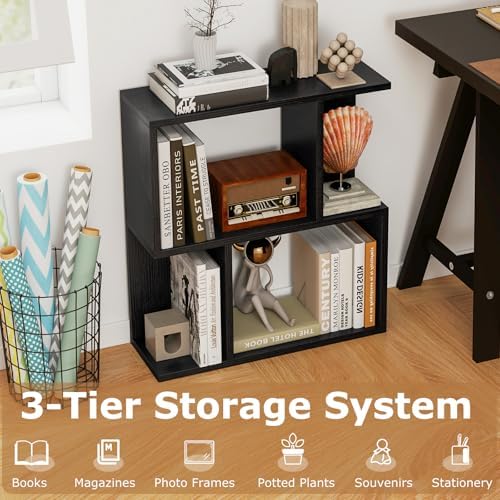 Giantex 3-Tier S-Shaped Bookshelf, Modern Geometric Bookcase, Freestanding Display Shelf for Small Space, Versatile Side