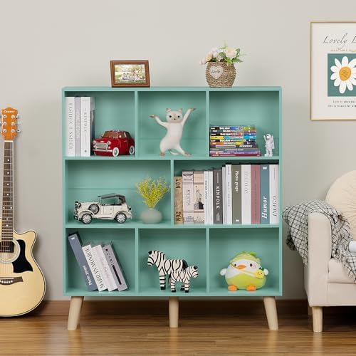 LEYAOYAO 8 Cube Bookshelf, Mid-Century Modern Book Shelf with Legs, Green