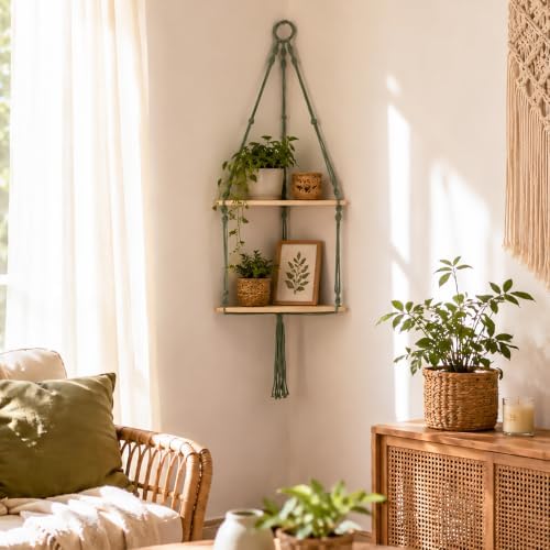 Artilady Corner Shelf Macrame Wall Hanging, Adjust Boho Storage Art, 2 Tier